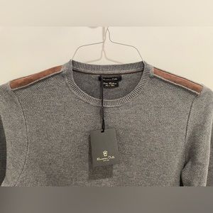Massimo Dutti Cotton & Cashmere gray sweater with brown suede trim on shoulders